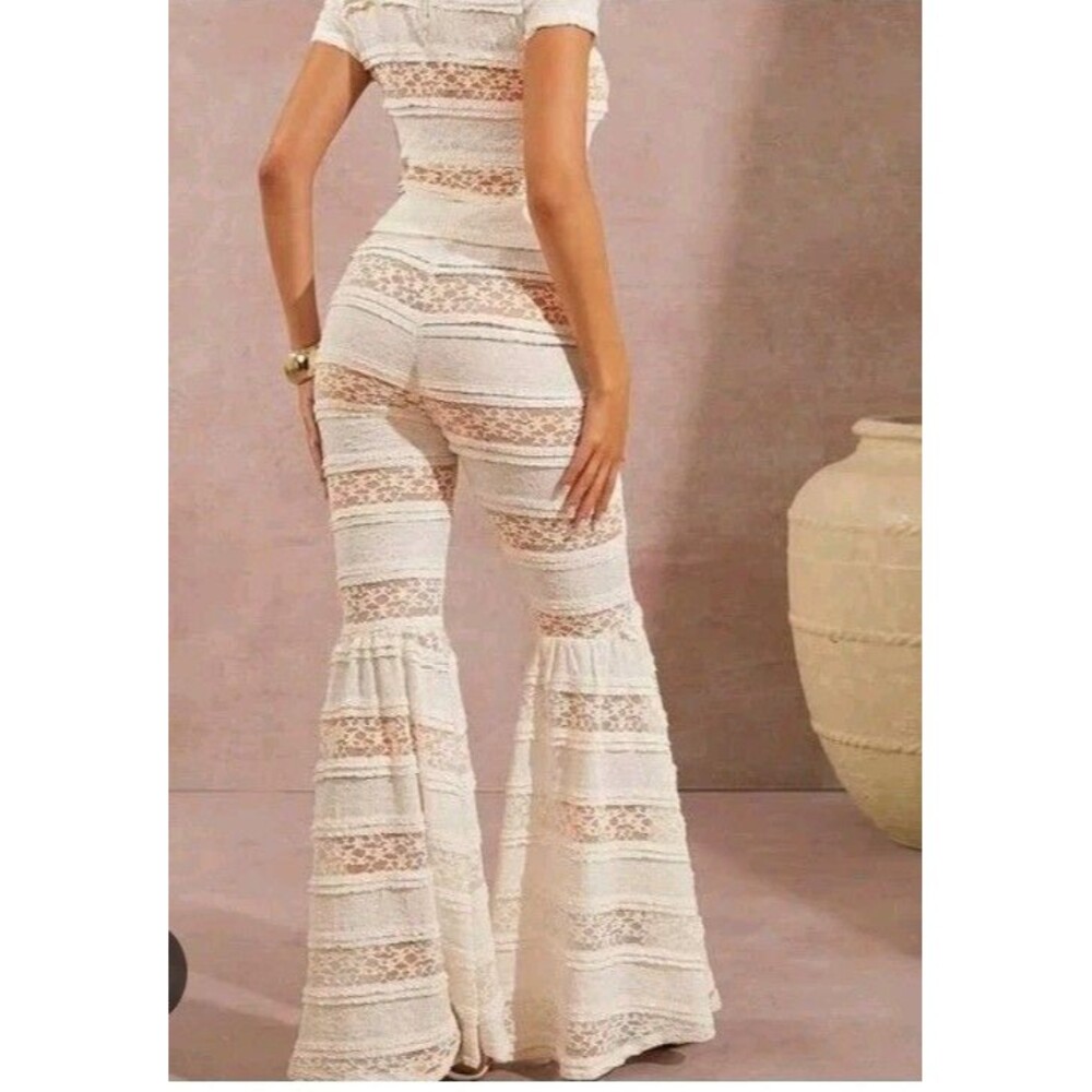 Womens Sz Sm Hippie Festival Cream Lace Bellbottom Pants Super Bell Leg